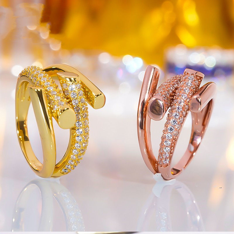 AU750玫瑰金D色莫桑石群镶满钻多层交叉圆形戒指轻奢纯银18K黄金