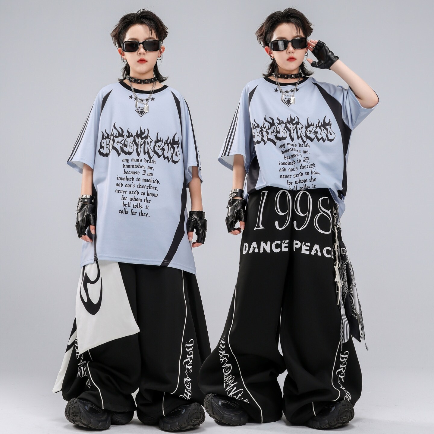 儿童街舞潮服男童hiphop演出服酷帅套装条纹女童黑白表演服装短袖