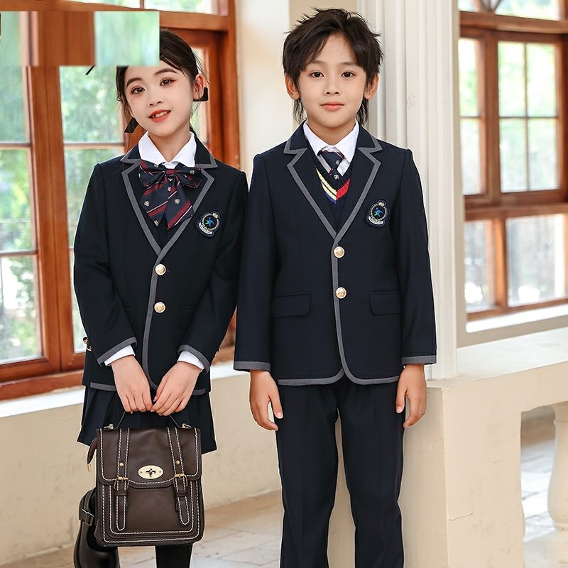 英伦风班服学院风开幕式纯棉中学生三件套男女童生春演出服条纹