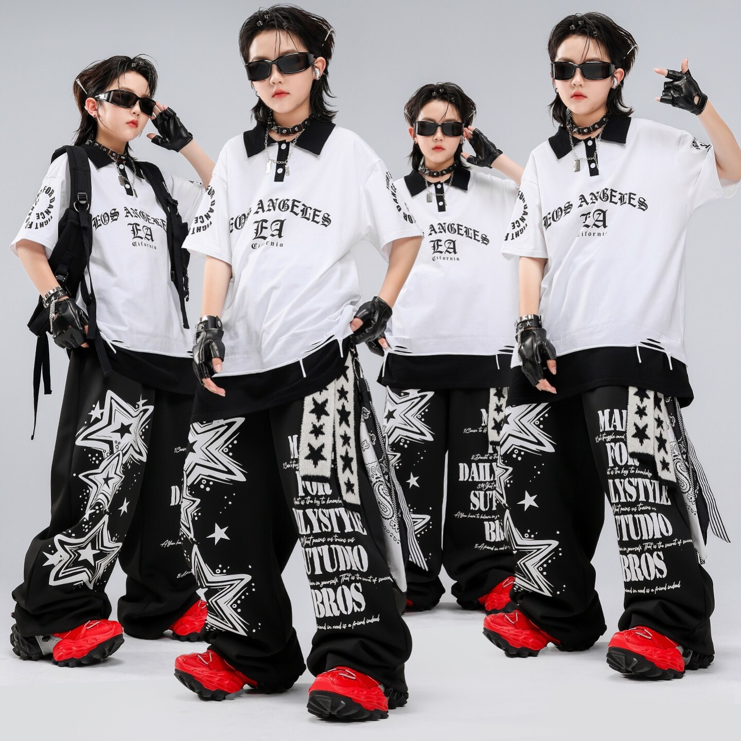 街舞服女童条纹红白黑皮破洞男童舞蹈服字母服装格子马甲黑色黑白