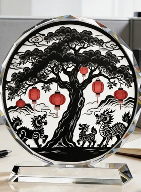 云山迎客松麒麟水晶摆台祥麟伴青松图案客厅新中式镇宅旺运小摆件