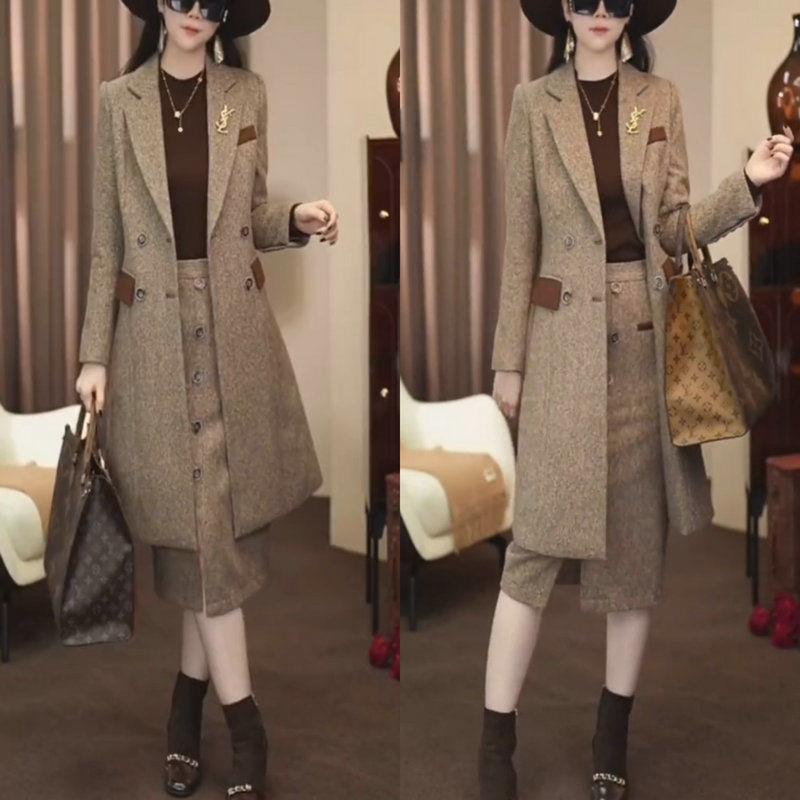 高级感气质毛呢大衣裙子套装羊毛长款外套西装女装时尚巨好看2025