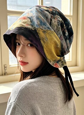 新款复古油画风扎染包头帽女显脸小堆堆帽百搭冷帽文艺帽子潮帽