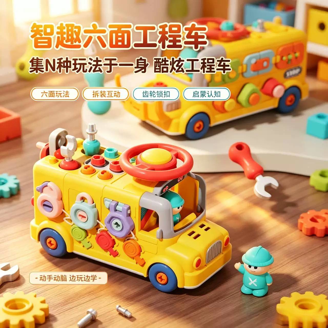 儿童多功能六面巴士工程车|益智