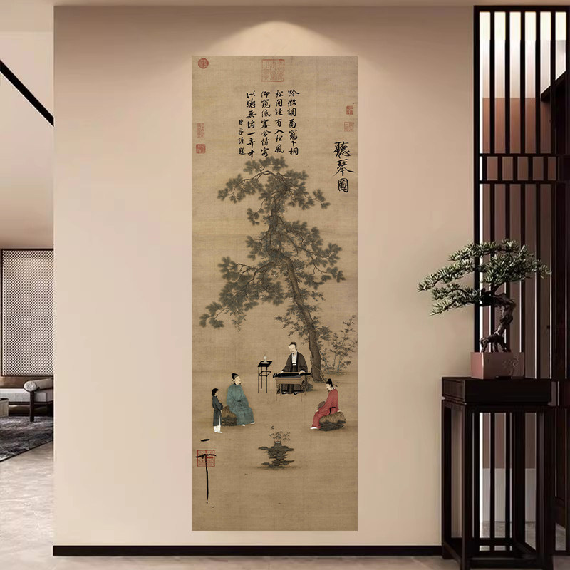 中式复古风山水国画仿古装饰画芯茶室听琴图餐厅墙贴画门窗自粘画