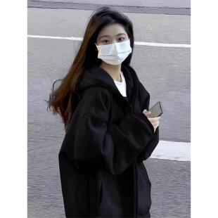 黑色卫衣外套女2025新款秋冬季宽松连帽开衫美式拉炼加绒加厚上衣