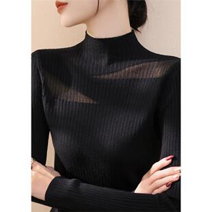 半高领蕾丝网纱长袖针织衫毛衣女装秋冬2025新款法式黑色打底上衣