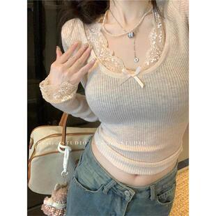 法式性感蕾丝拼接长袖针织衫女秋季显瘦内搭打底小衫设计感上衣潮