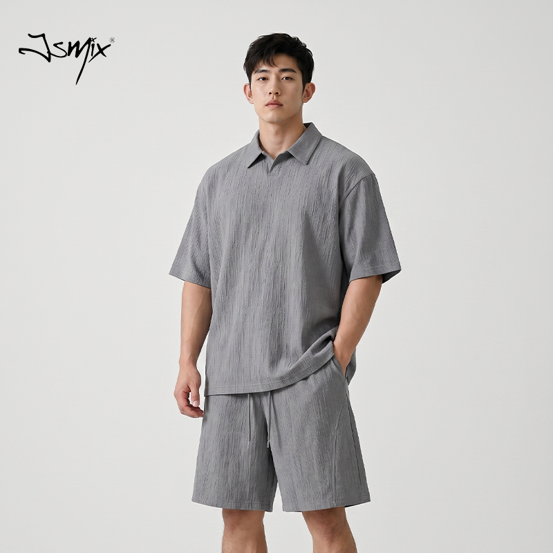 Jsmix肌理感POLO衫短裤大码男士套装2026夏季男款加肥宽松两件套