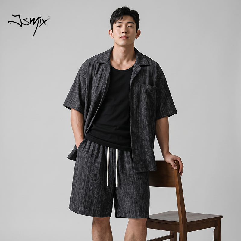Jsmix扎染翻领衬衫五分裤大码套装男款2026夏宽松加肥运动两件套