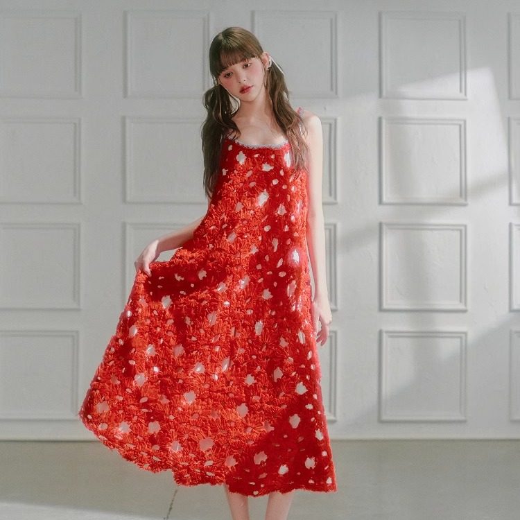 GUO JINGYI 25SS 珊瑚红镂空花镶边A摆吊带裙,女装/女士精品,时尚套装,淘宝优惠券,粉丝福利购,淘宝优惠卷