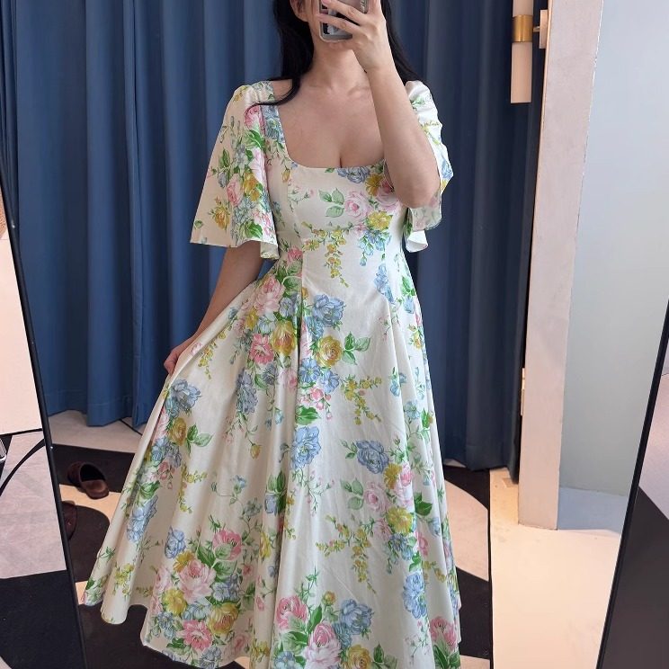 Selkie collection 25ss 杏底虎蔚蓝月季印花中长款连衣裙