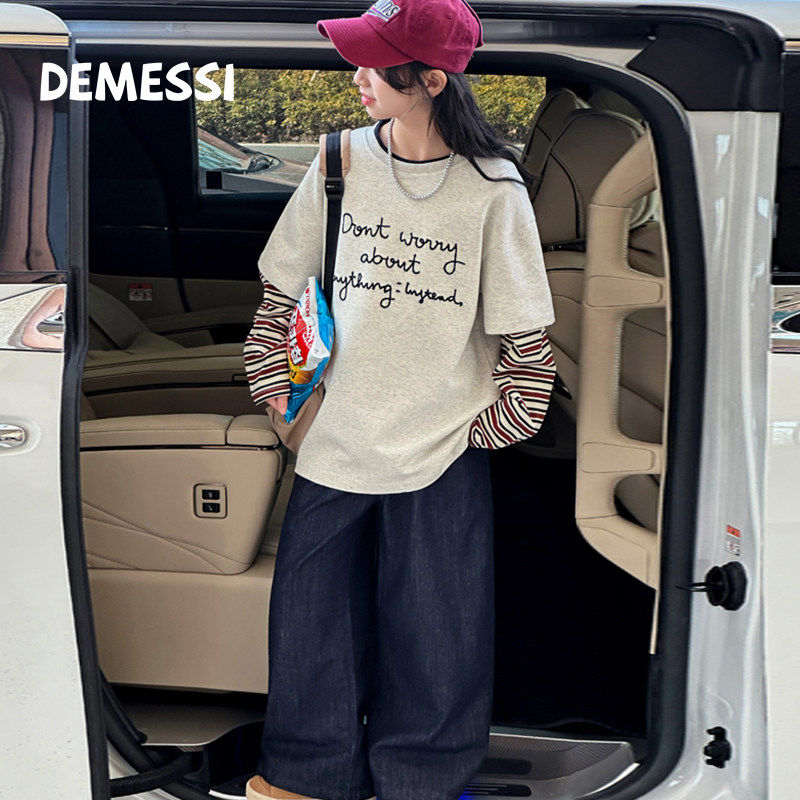 韩国DEMESSI女童假两件卫衣套装春季2026新款长袖T恤牛仔裤两件套