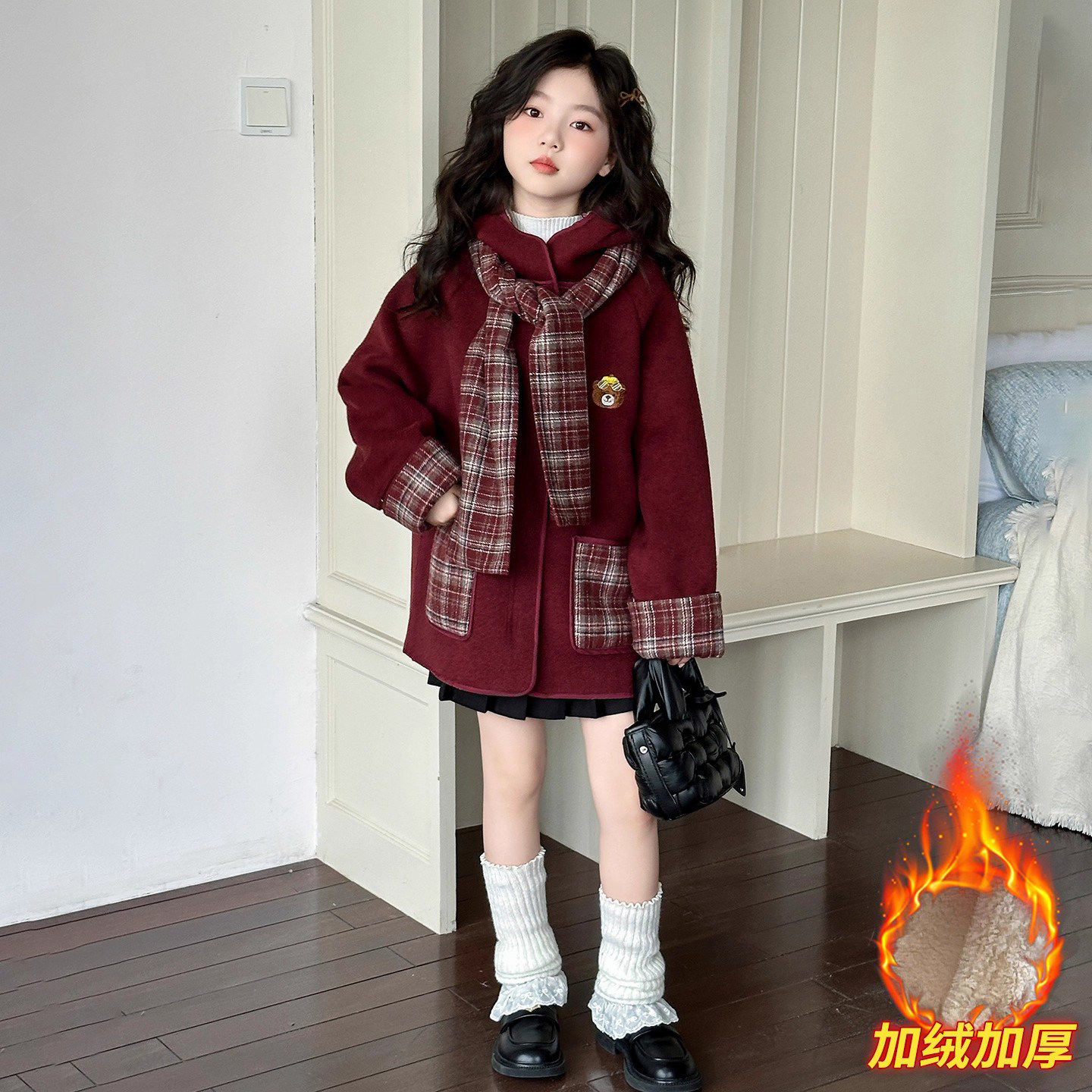 法国Uamtor女童秋冬毛呢外套2026新款加绒加厚中长版红色年服大衣