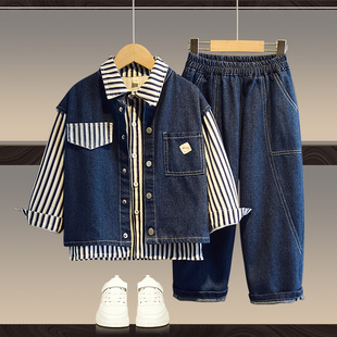 男童春秋季牛仔套装大儿童条纹衬衫牛仔马甲三件套2025新款童装潮