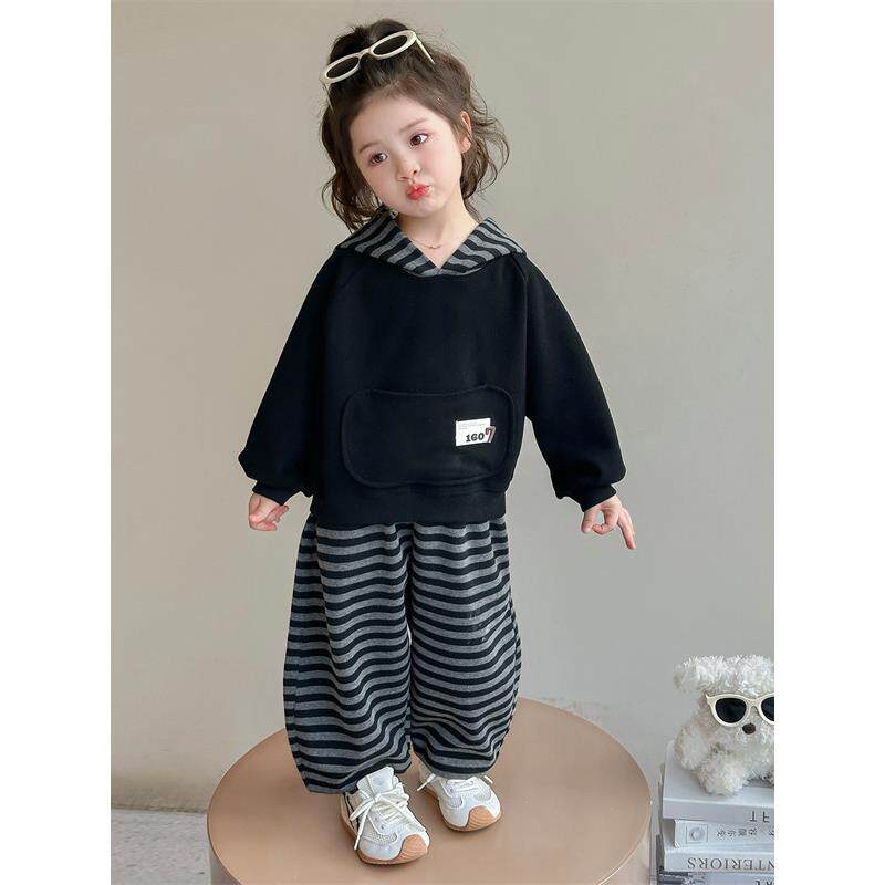 Annakids韩国潮牌童装女孩秋冬季条纹加绒套装2025新款小宝卫衣裤