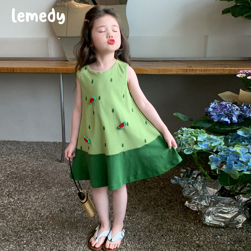 韩国Lemedy女童西瓜拼色裙子2026新款女宝夏季薄款洋装儿童夏装