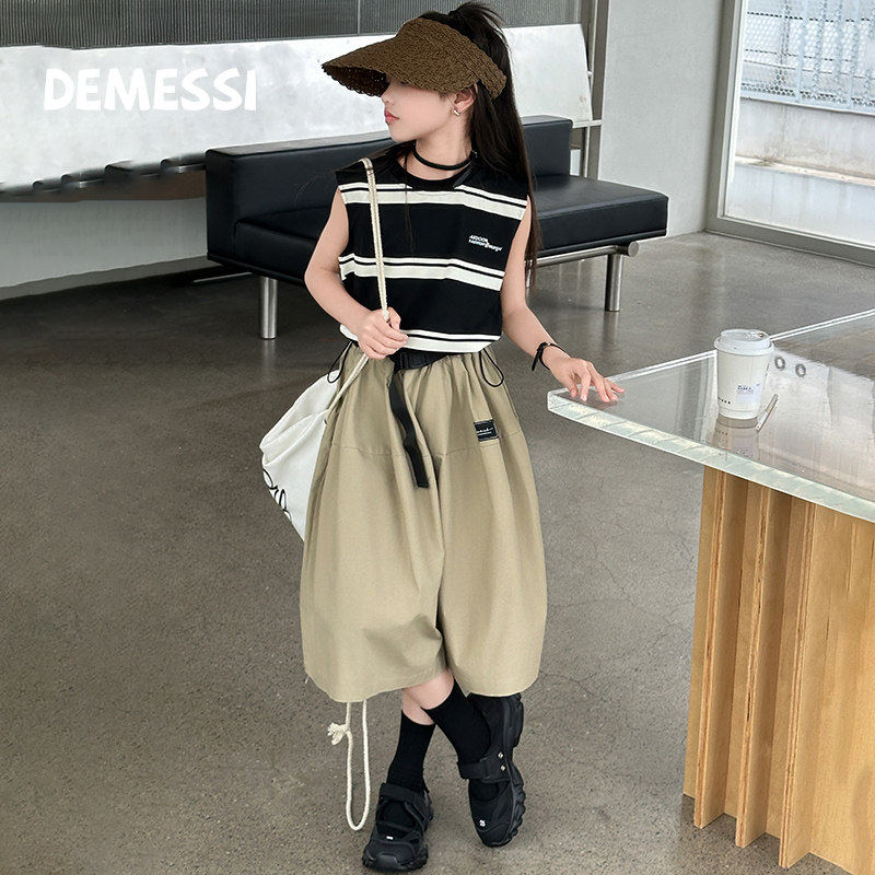 韩国DEMESSI女童套装夏季2026新款儿童条纹背心半身裙中大童裙子