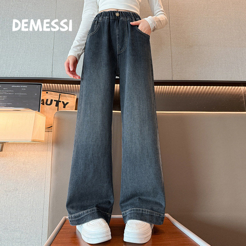 韩国DEMESSI女童加绒牛仔裤秋冬2026新款加厚保暖高腰直筒长裤子