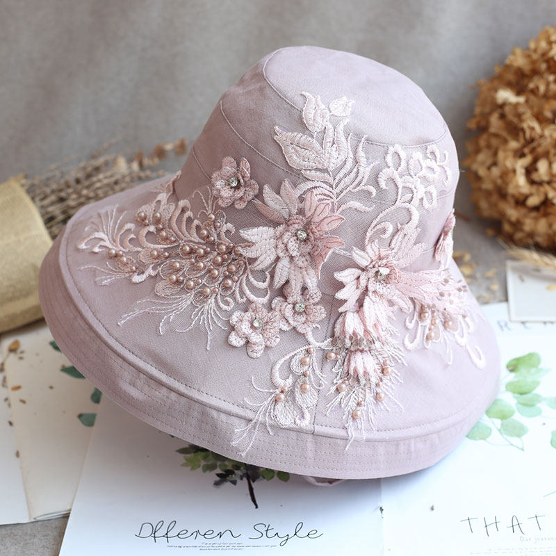 森女日系重工蕾丝刺绣水钻珍珠花朵遮阳帽夏天甜美棉麻大檐渔夫帽