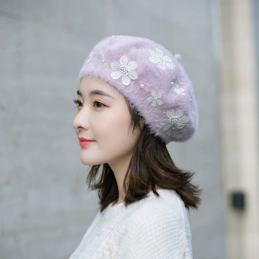 蓓蕾帽日系甜美蕾丝花朵兔毛绒绒贝雷帽女秋冬百搭文艺保暖画家帽
