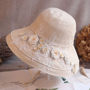 米白棉麻渔夫帽子仙女春夏天防晒旅游手工甜美蕾丝花朵遮阳沙滩帽