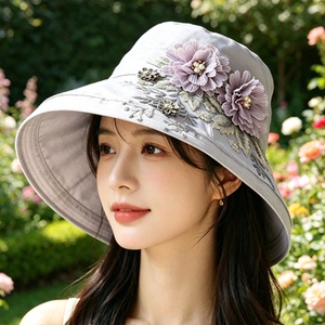 遮阳布帽仙女日系灰色遮阳夏天蕾丝刺绣立体花朵渔夫帽防晒太阳帽