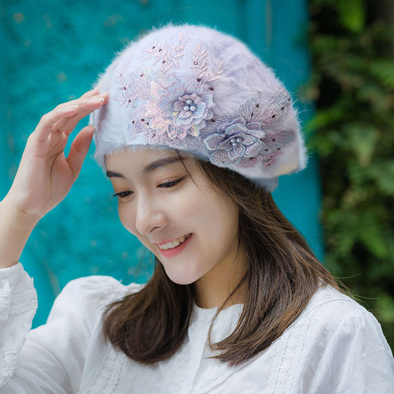 2025新款长兔毛绒贝雷帽水钻亮片刺绣立体秋冬季蓝灰色针织画家帽