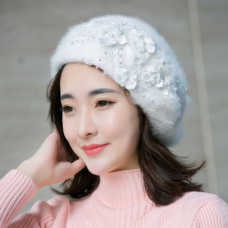 贝雷帽森系秋冬甜美蕾丝刺绣手工花朵仙女钉珠白色真兔毛绒画家帽,服饰配件/皮带/帽子/围巾,帽子,淘宝优惠券,粉丝福利购,淘宝优惠卷