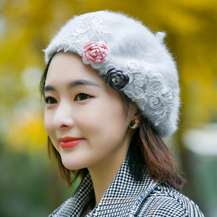轻复古文艺刺绣蕾丝花朵羊兔绒毛线贝雷帽柔软毛茸茸日系女画家帽