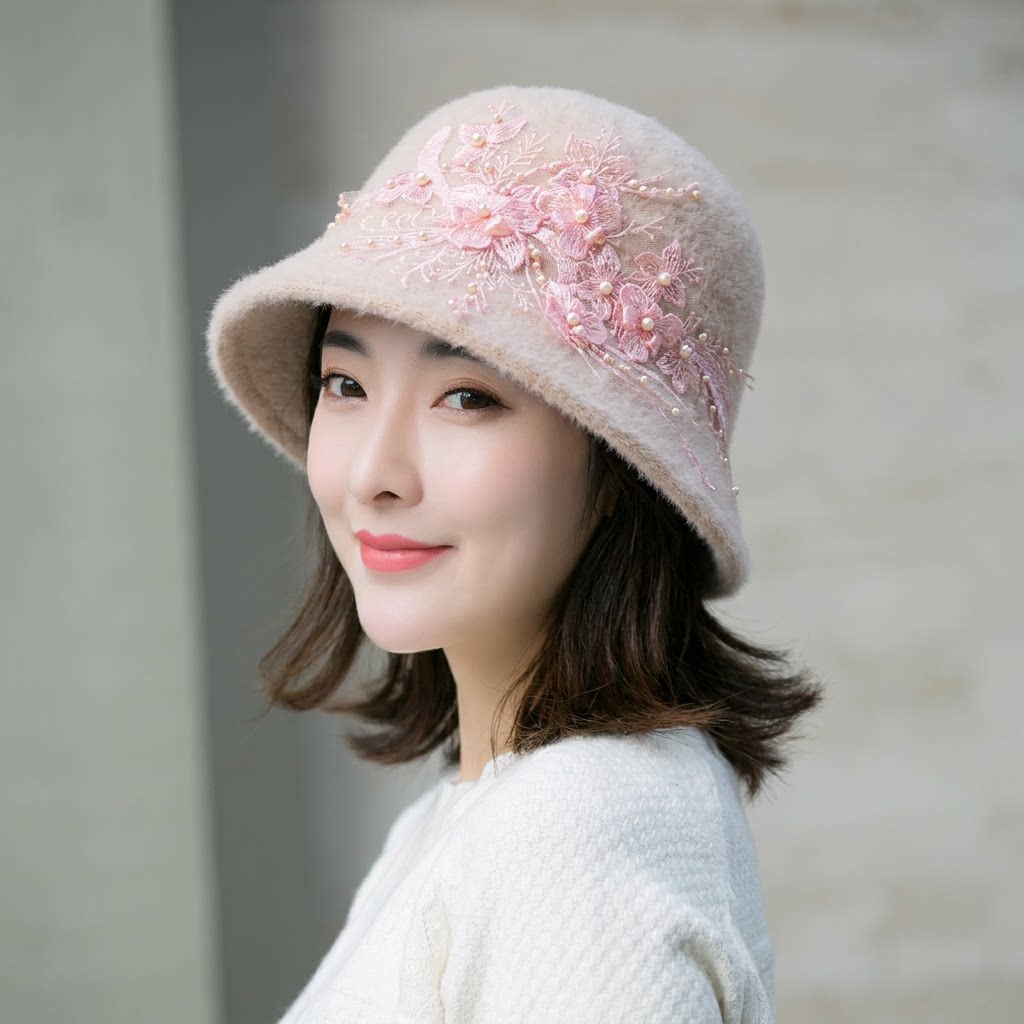 渔夫帽女秋冬手工钉珠欧根纱花