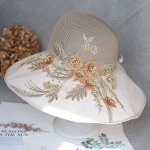 镂空大帽檐渔夫空顶帽手工钉珠刺绣花朵马尾遮阳百搭防晒帽子女夏