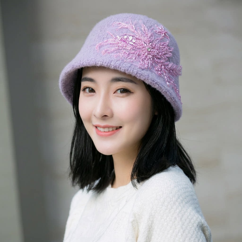 水桶渔夫帽女小帽檐秋冬法式珠绣