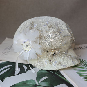 手工水钻缝珠镂空八角帽子女夏季出游百搭防晒草帽遮阳鸭舌贝雷帽