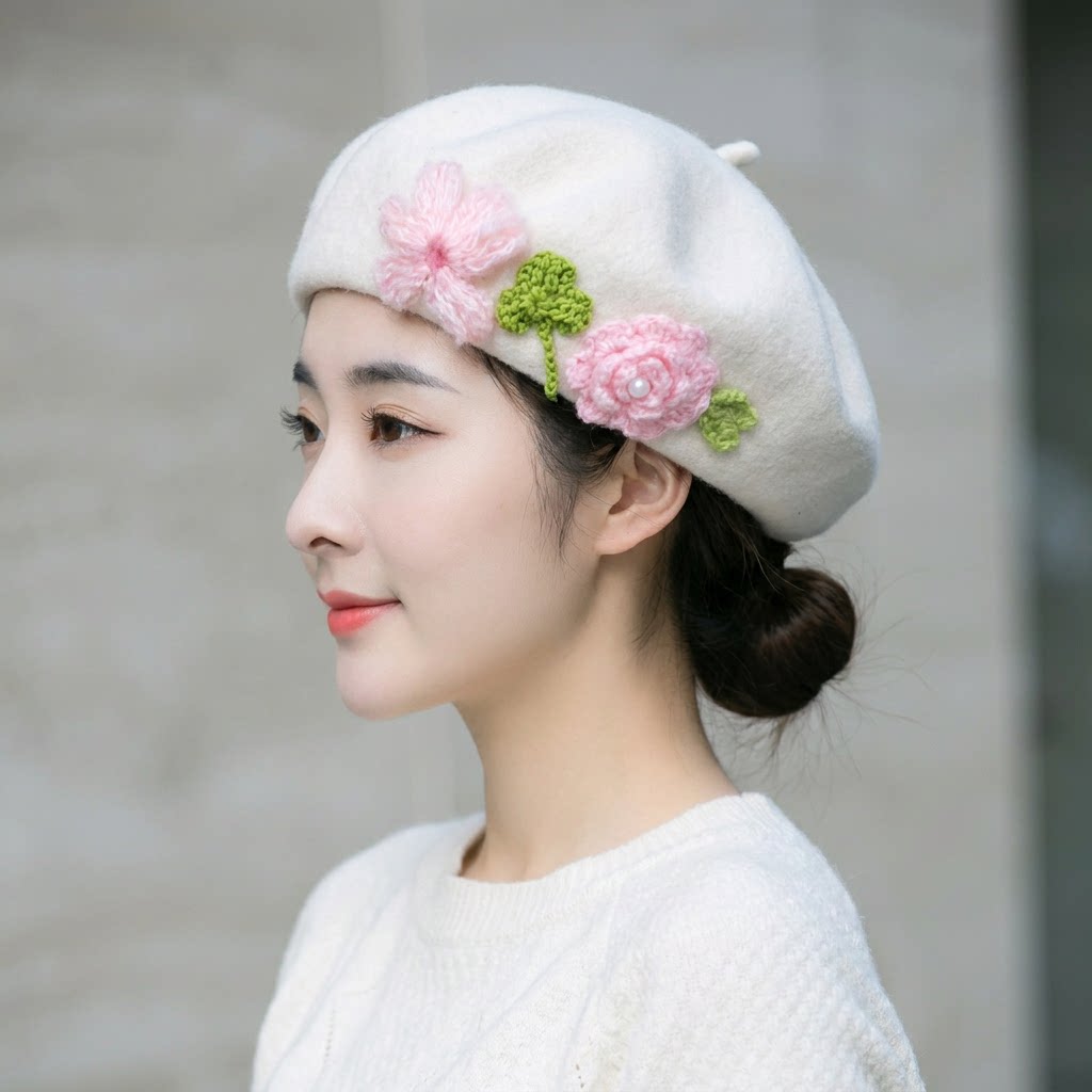 绵羊毛贝雷帽女秋冬时尚百搭画家帽手工古法绣花白色保暖蓓蕾帽字