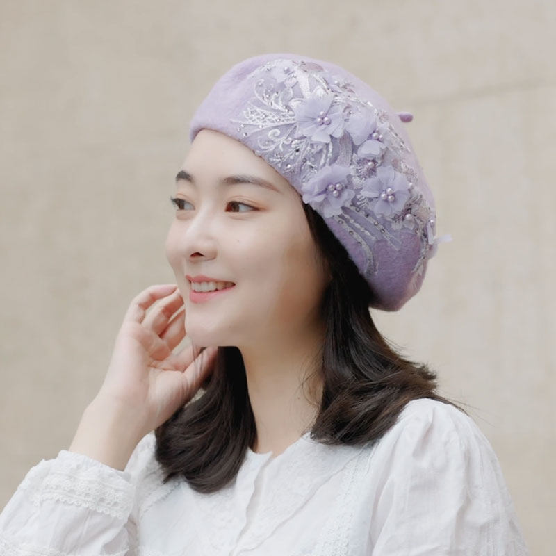 贝雷帽森系秋冬甜美手工钉珠蕾丝立体刺绣花朵淡紫烫钻羊毛画家帽,服饰配件/皮带/帽子/围巾,帽子,淘宝优惠券,粉丝福利购,淘宝优惠卷