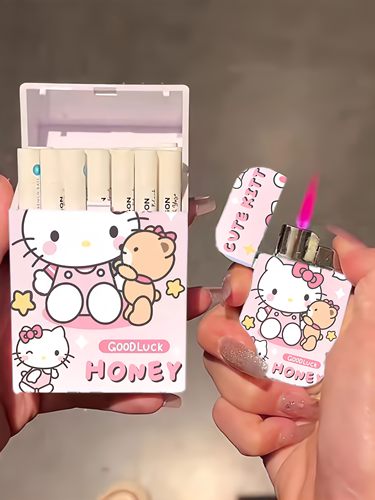 凯蒂猫可爱打火机一套粗烟盒粉火