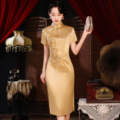 醋酸缎旗袍裙高贵短款 显瘦小个子晚礼服 金黄色年轻婆婆婚宴妈妈装