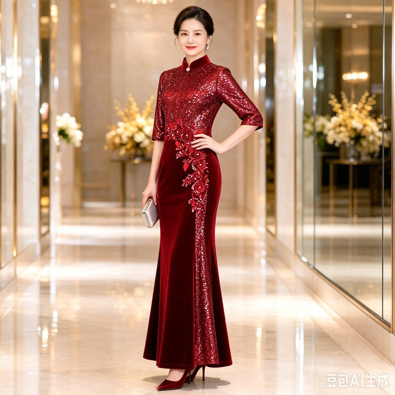 秋冬喜妈妈婚礼服裙鱼尾旗袍裙