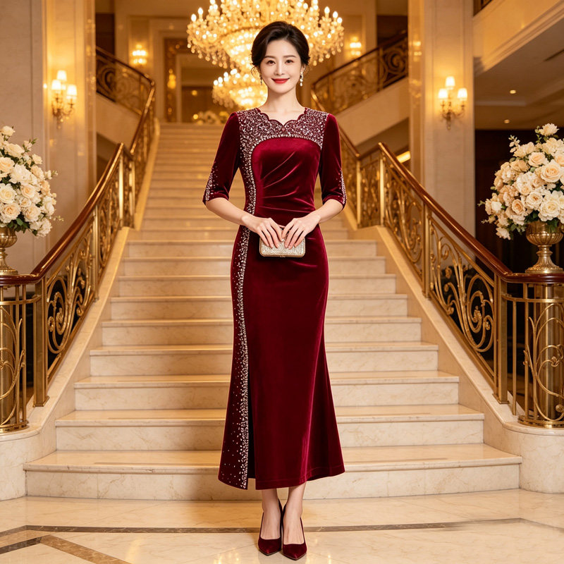 高端婚礼妈妈长款婚宴晚旗袍礼服 秋冬喜婆婆结婚宴年会敬酒服