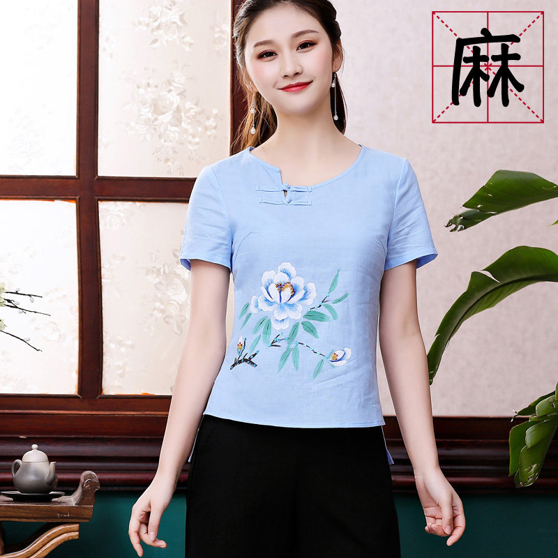 棉麻上衣女短袖夏季 常规复古盘扣短款短袖圆领民族风文艺唐装