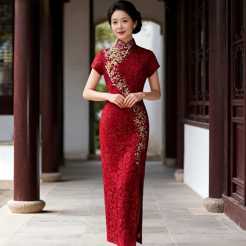 枣红色出阁宴喜妈妈敬酒服旗袍 秋冬新款结婚喜婆婆长款高端礼服