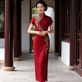 高端礼服 结婚喜婆婆长款 枣红色出阁宴喜妈妈敬酒服旗袍 秋冬新款