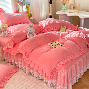 韩版 轻奢保暖公主风床裙牛奶绒四件套珊瑚绒被套宝宝绒简约纯色风