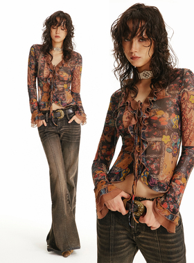 USS 浪漫网纱上衣女复古花卉印花木耳边抽绳可调节叠穿长袖衬衫