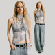 USS辣妹吊带背心女夏季 褶皱格子拼接设计感收腰显瘦挂脖飘带上衣