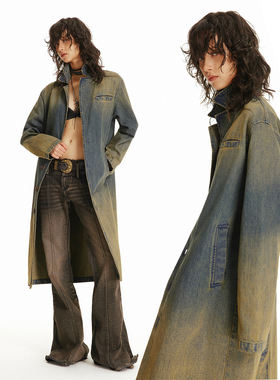 USS 渐变牛仔长外套女复古水洗做旧宽松廓形翻领过膝牛仔大衣秋