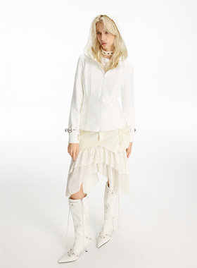 USS 修身机能卫衣女秋冬新款白色双拉链金属扣街头先锋风廓形外套