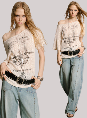 uss新款美式辣妹不规则斜肩短袖T恤女夏季设计感小众甜酷风上衣