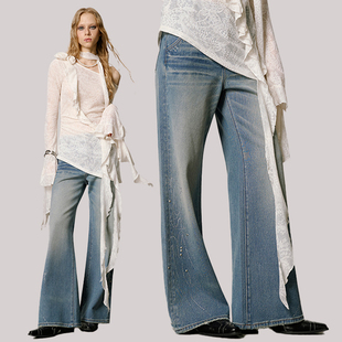 美式 女高腰显瘦阔腿长裤 复古水洗微喇叭ins辣妹 烫钻牛仔裤 uss新款